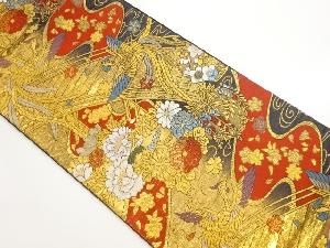 橋に鳳凰・牡丹・桜模様織出し袋帯